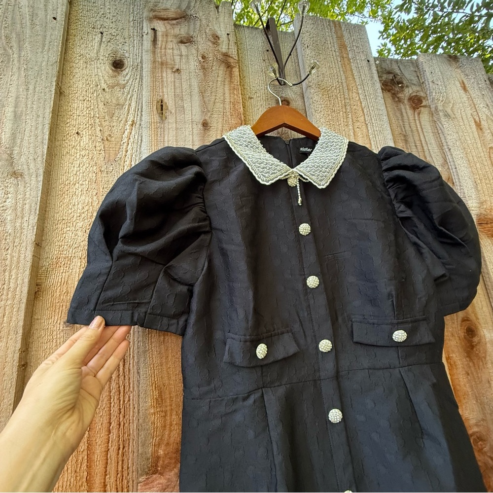 Sister Jane Black Jacquard Bead Peter-Pan Collar Puff Sleeve Mini Dress 🌿 - Picture 3 of 10